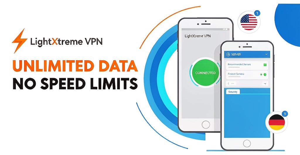 LightXtreme VPN client: unlimited data and speed, 2,000+ servers across 70+ countries, multiple devices online at once